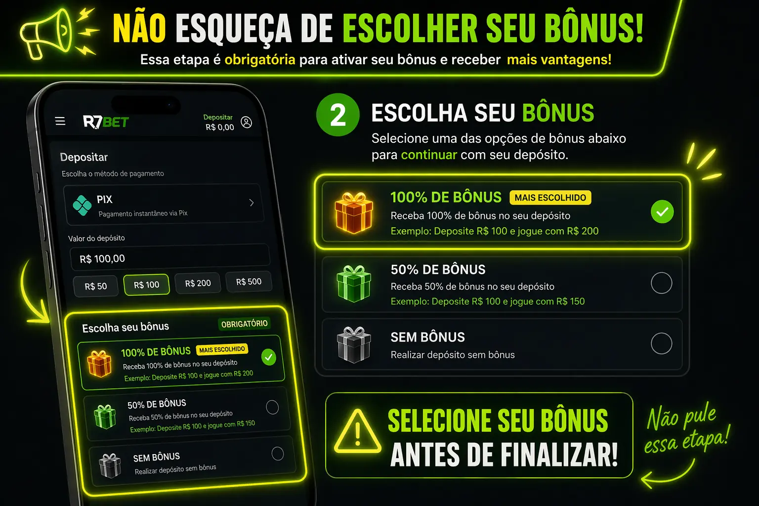 Tutorial visual de depósito e ativação de bônus na R7 Bet