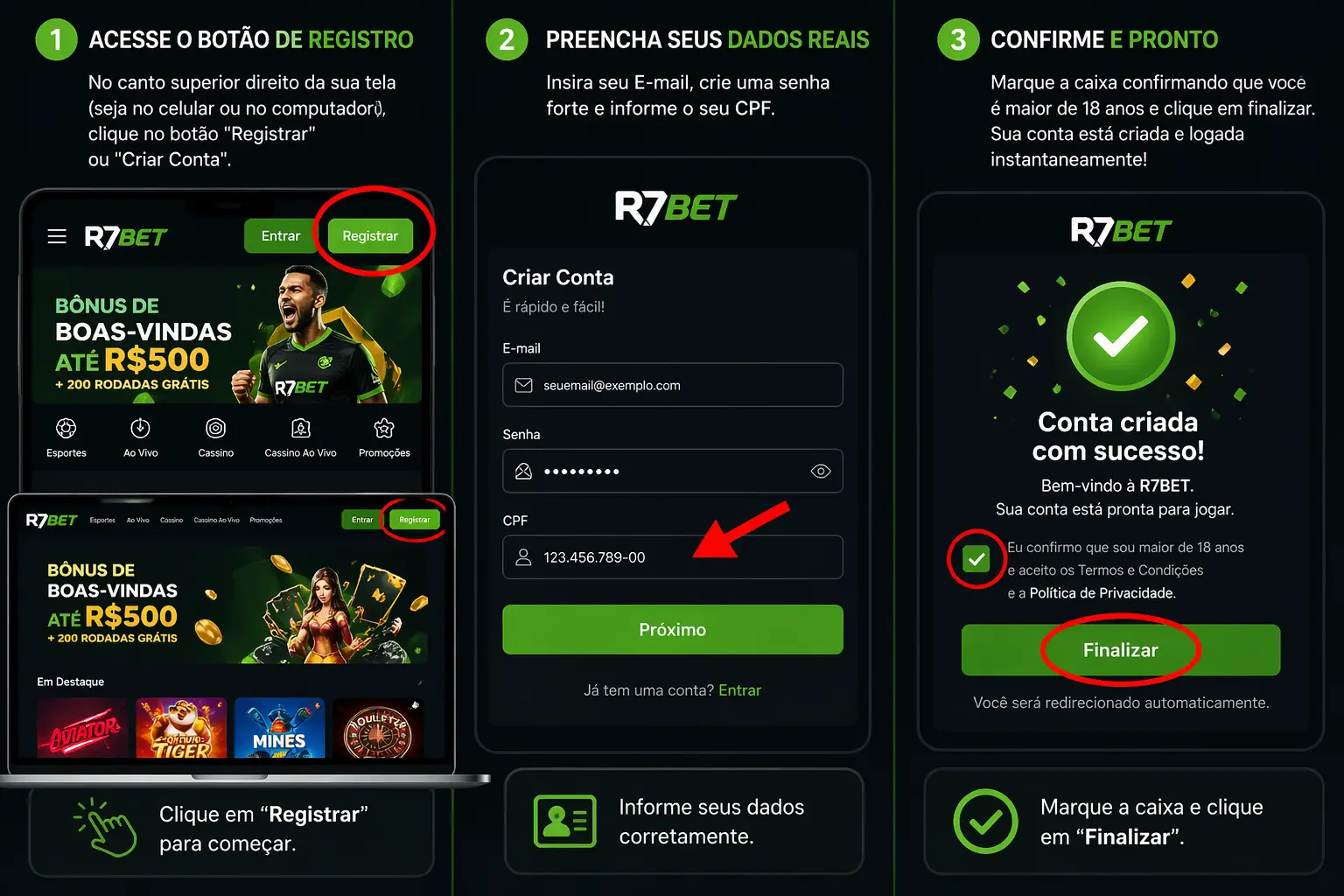 Guia visual de cadastro rápido na R7 Bet